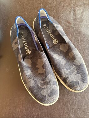 Rothy's Slip-On Sneakers in Black and Gray Camo